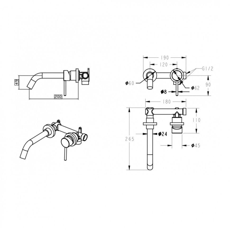 Смеситель встраиваемый для раковины Grocenberg GB511, никель