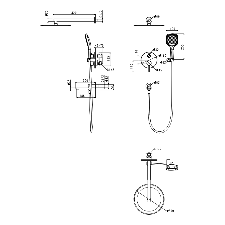 Душевая система скрытого монтажа Grocenberg GB5001, графит