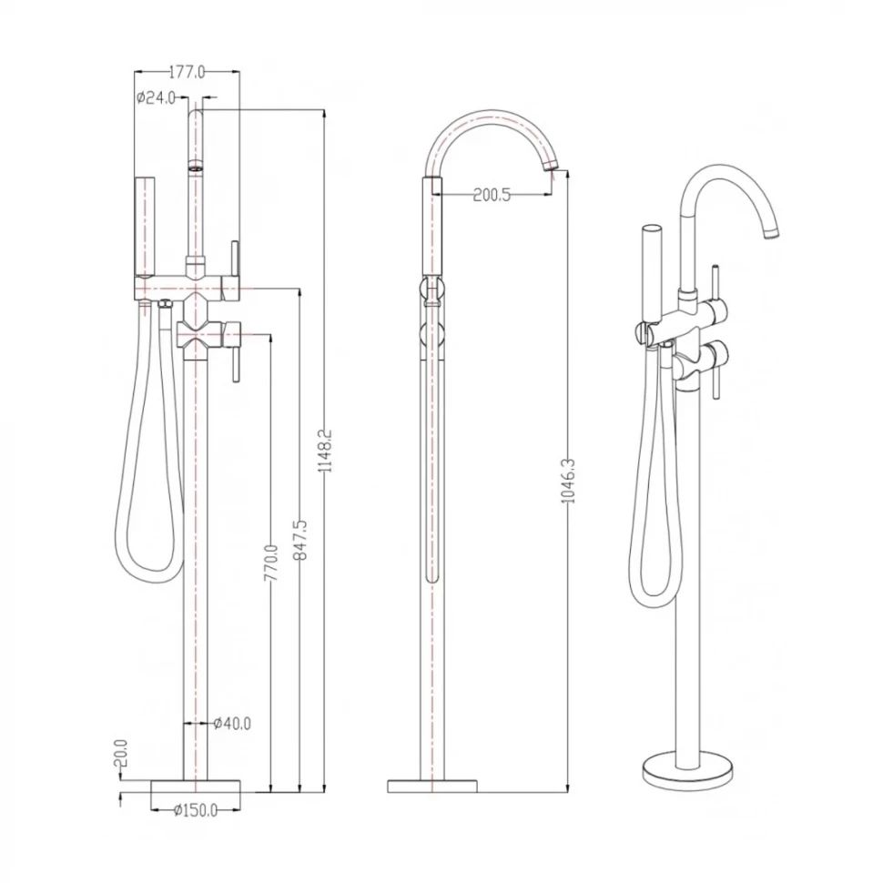 Смеситель напольный для ванны Grocenberg GB900, золото глянец