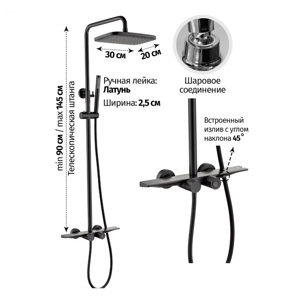 Душевая система с термостатом Grocenberg GB7038, черный матовый