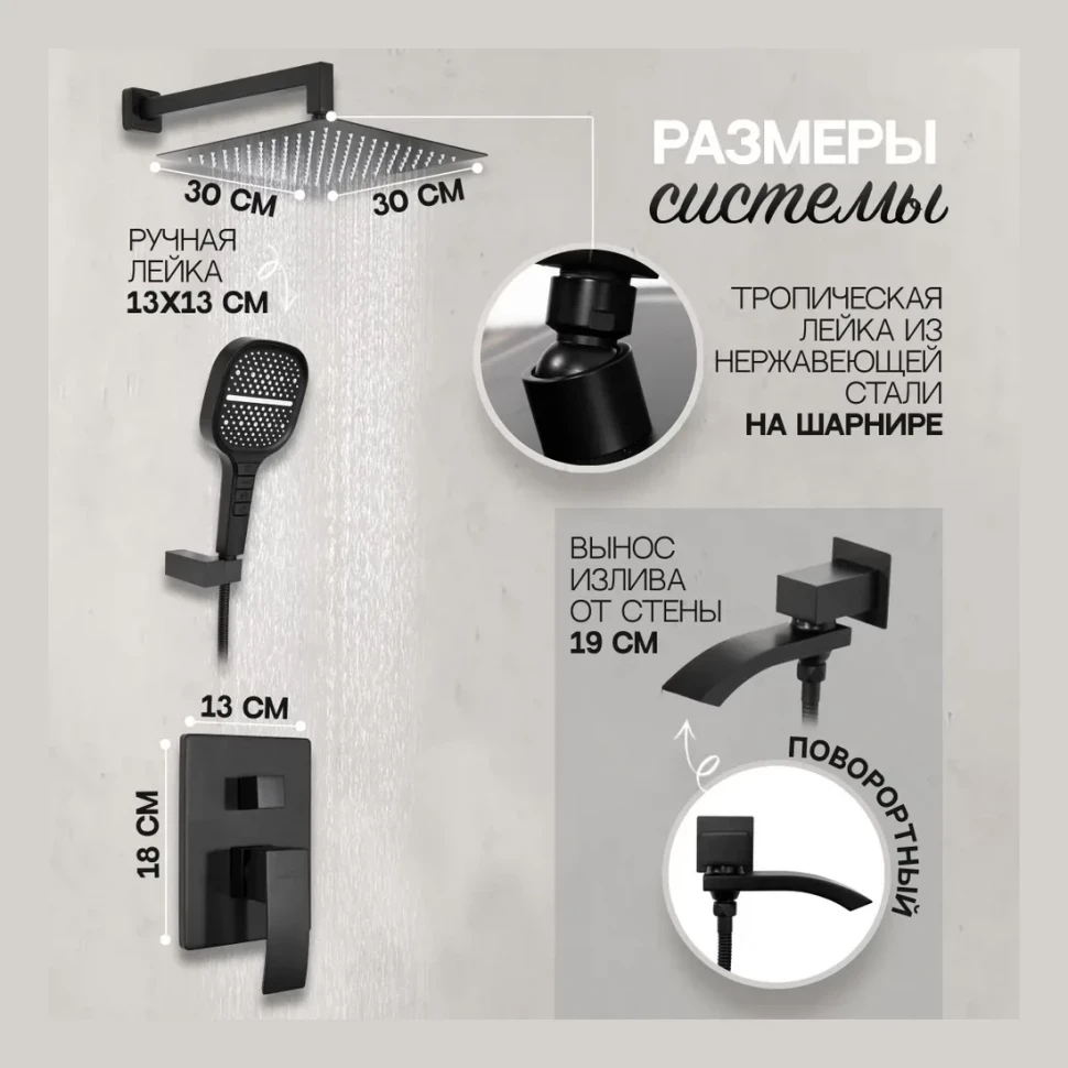 Душевая система скрытого монтажа Hansberge H6077, черный матовый