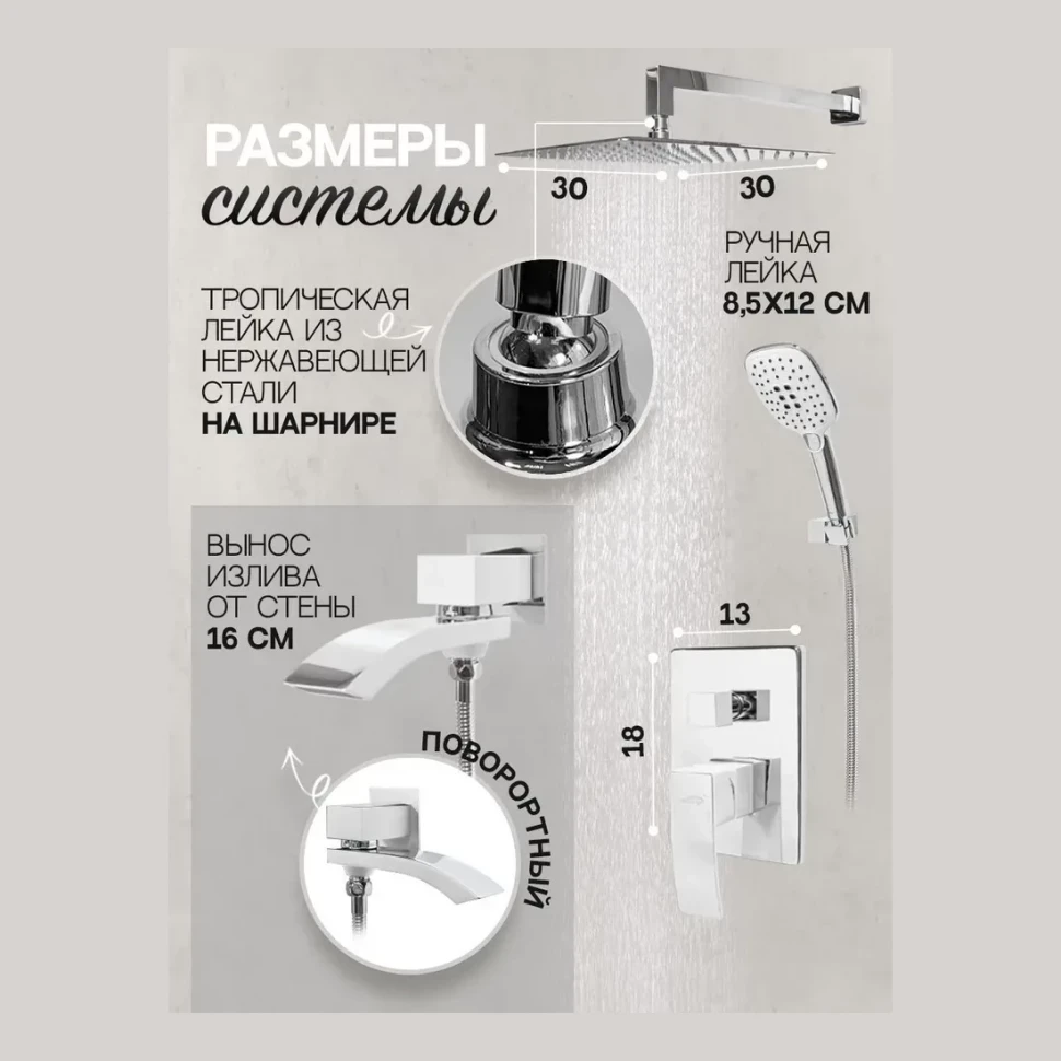 Душевая система скрытого монтажа Hansberge H6077, белый/хром