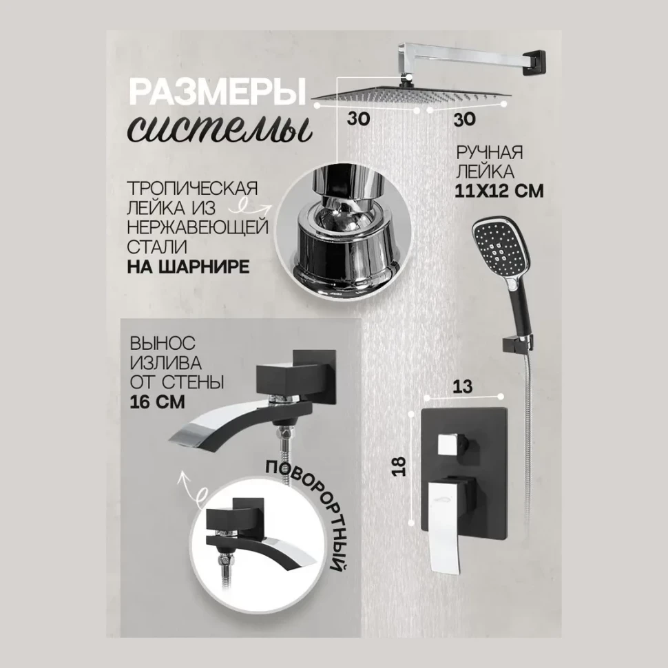 Душевая система скрытого монтажа Hansberge H6077, черный хром