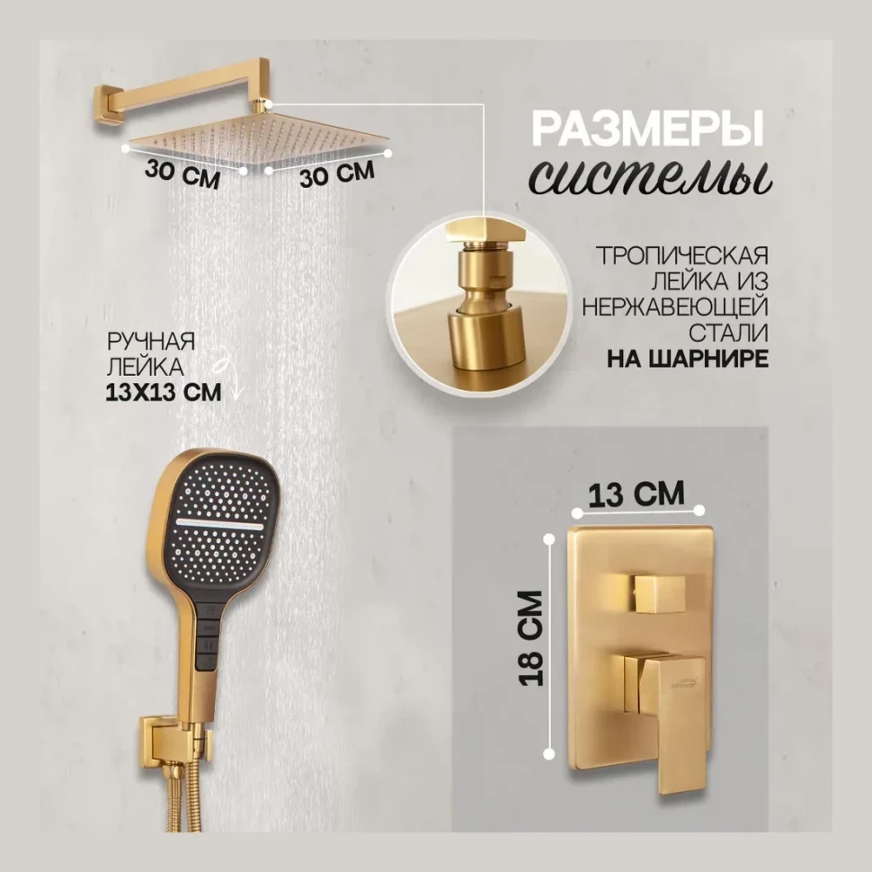 Душевая система скрытого монтажа Hansberge H6070, матовое золото