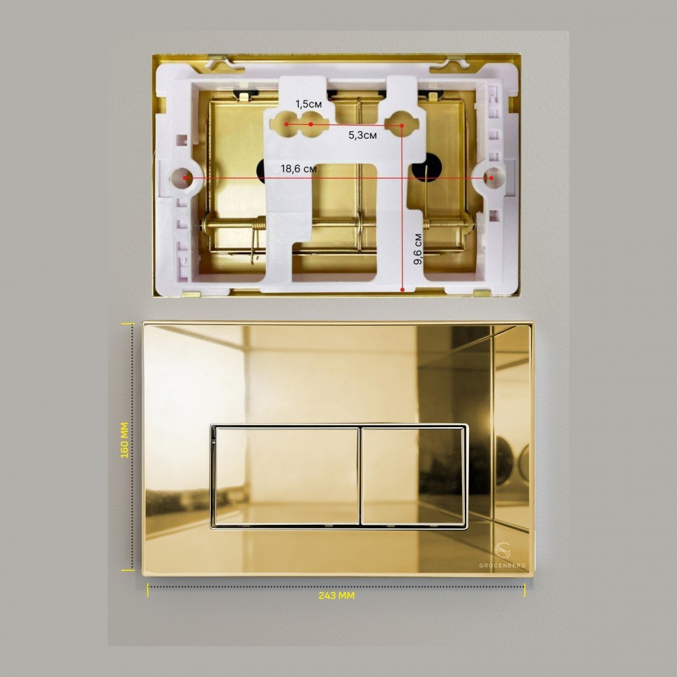 Кнопка смыва для унитаза металлическая Grocenberg KM3070GO, золото глянец