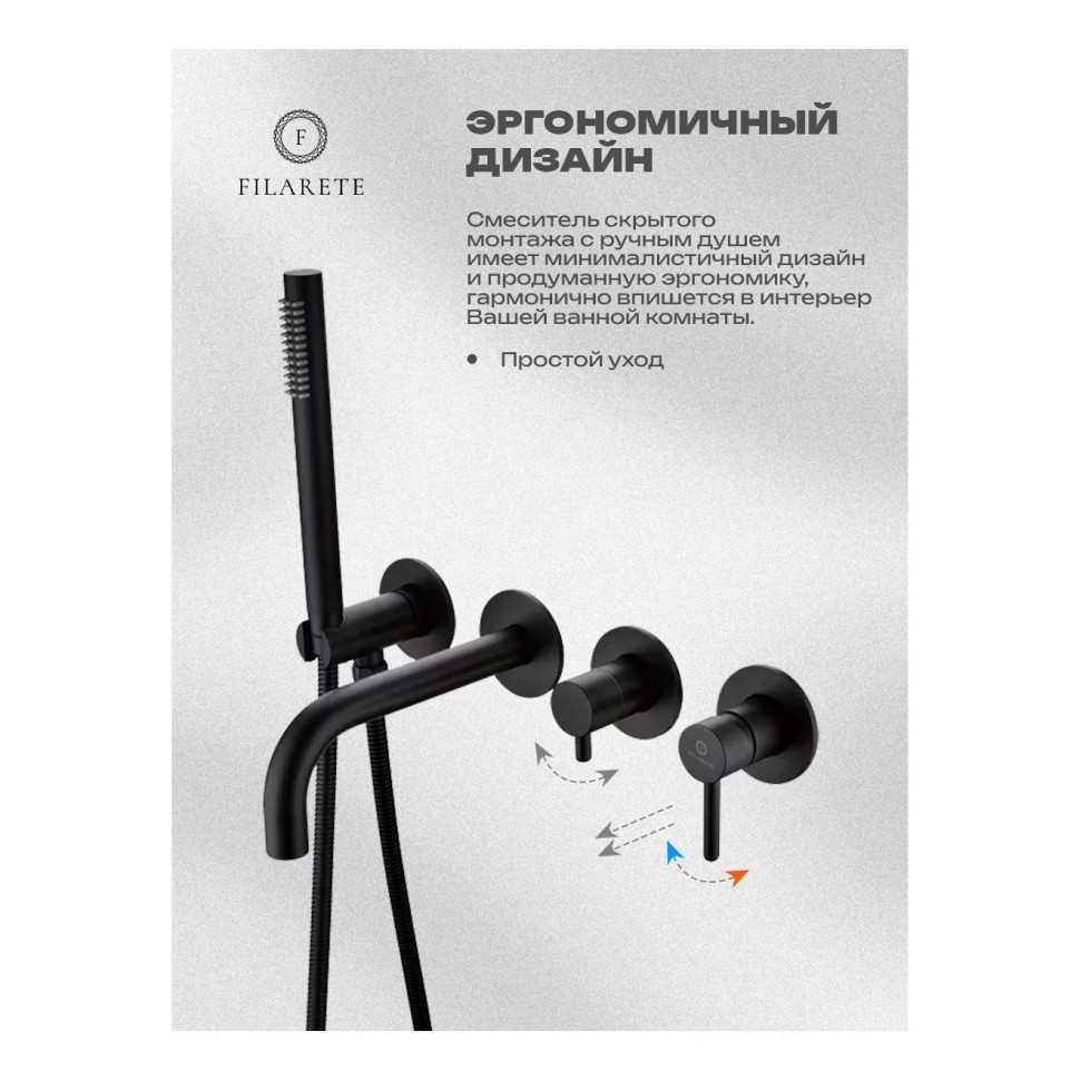 Смеситель для ванны встроенный FILARETE Roun FL2122, черный матовый