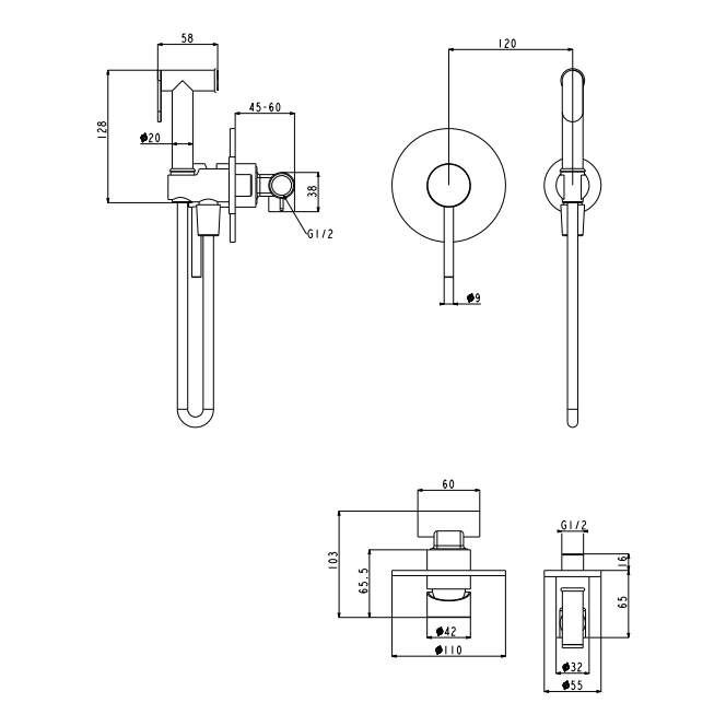 Смеситель встраиваемый с гигиеническим душем Grocenberg GB1003, хром