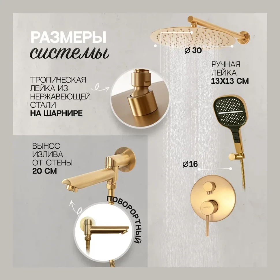 Душевая система скрытого монтажа Hansberge H6095, матовое золото