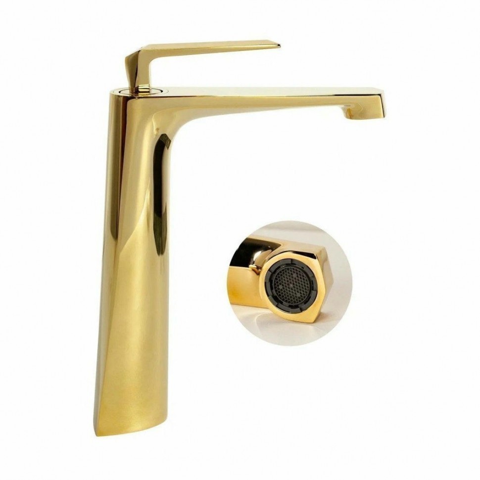 Смеситель для раковины высокий Hansberge H2068, золото глянец