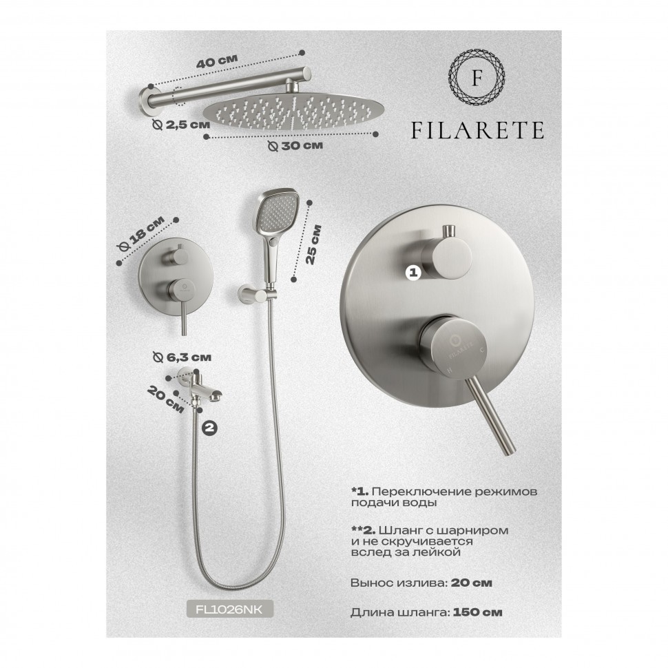 Душевая система скрытого монтажа FILARETE Roun FL1026, никель