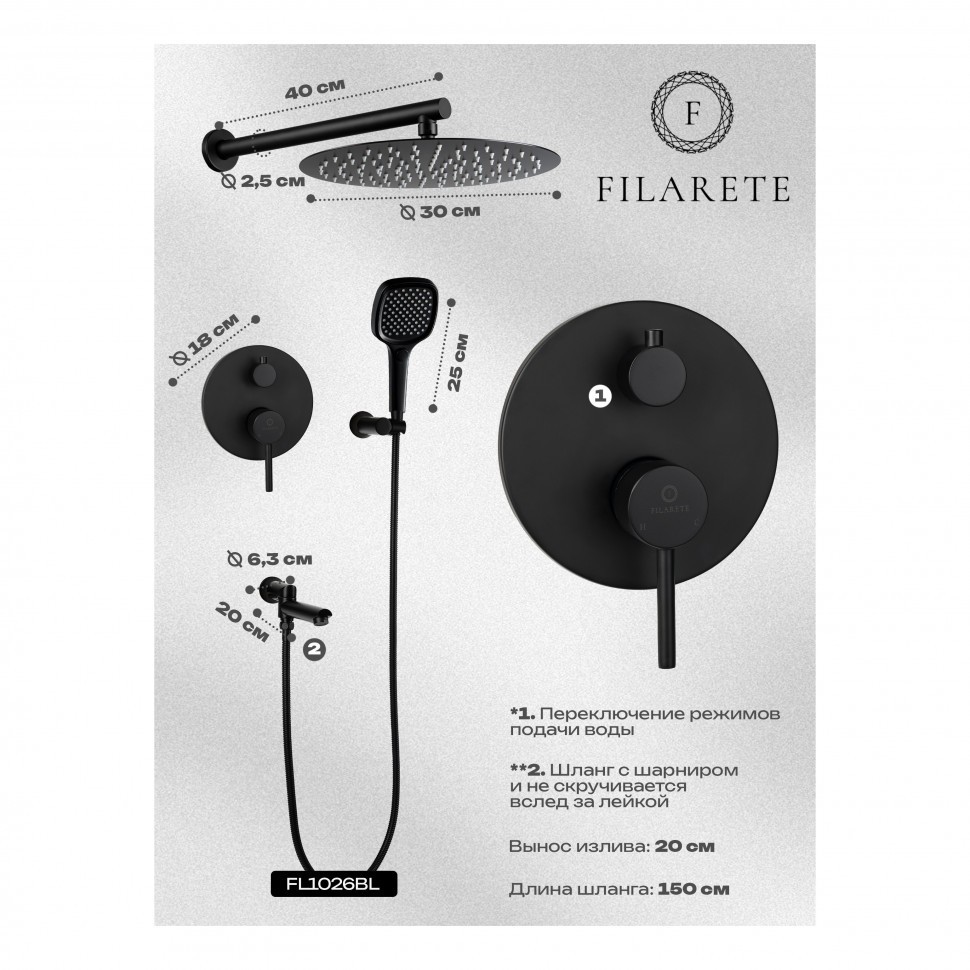 Душевая система скрытого монтажа FILARETE Roun FL1026, черный матовый