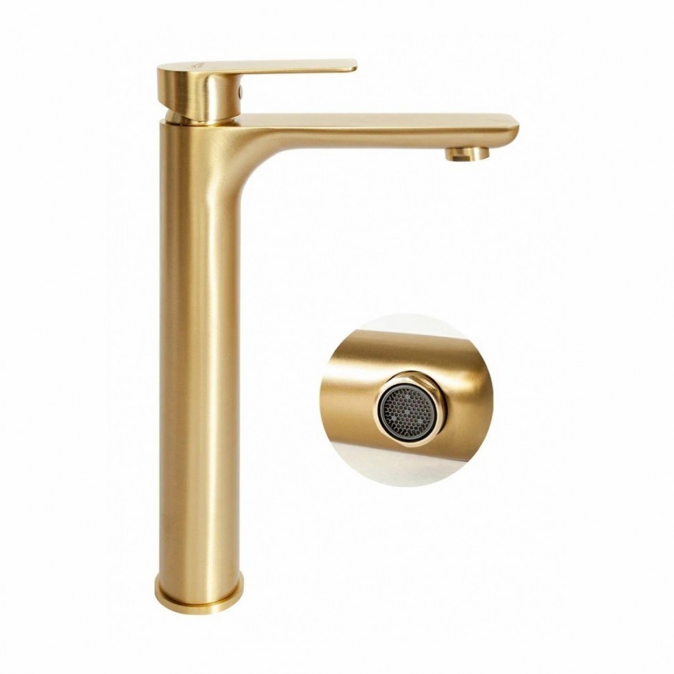 Смеситель для раковины высокий Hansberge H2099, матовое золото