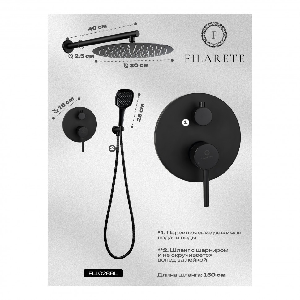 Душевая система скрытого монтажа FILARETE Roun FL1028, черный матовый