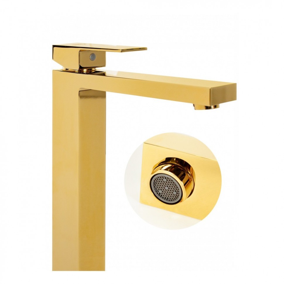 Смеситель для раковины высокий Hansberge H2070, золото глянец