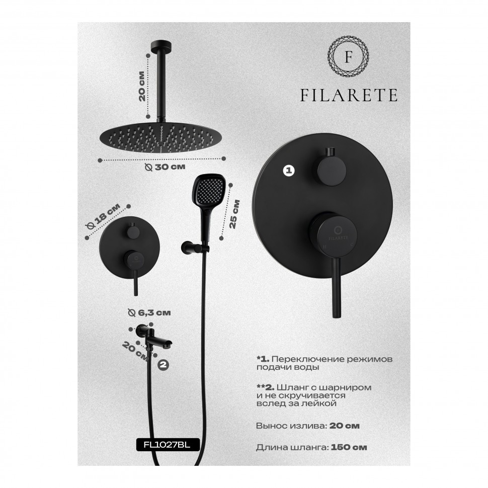 Душевая система скрытого монтажа FILARETE Roun FL1027, черный матовый