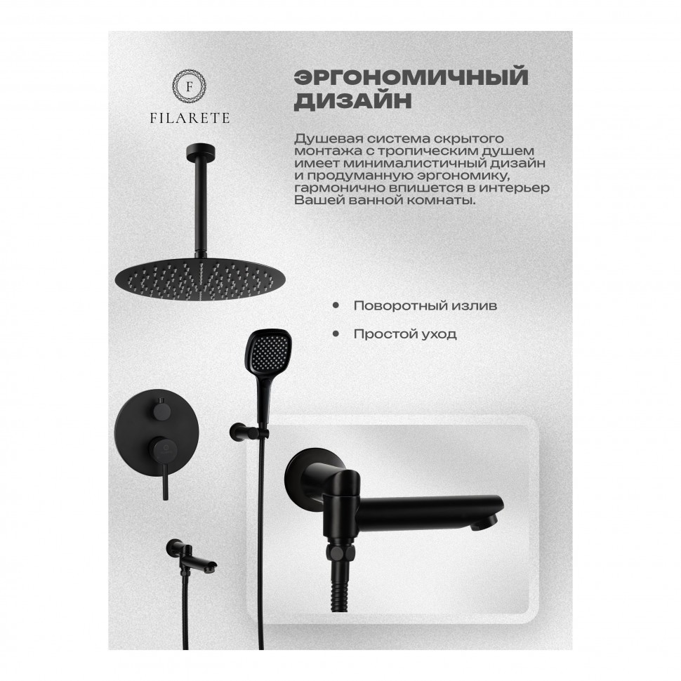 Душевая система скрытого монтажа FILARETE Roun FL1027, черный матовый