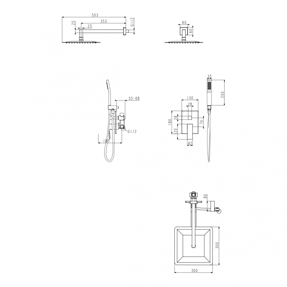 Душевая система скрытого монтажа Grocenberg GB5089BG-3, графит