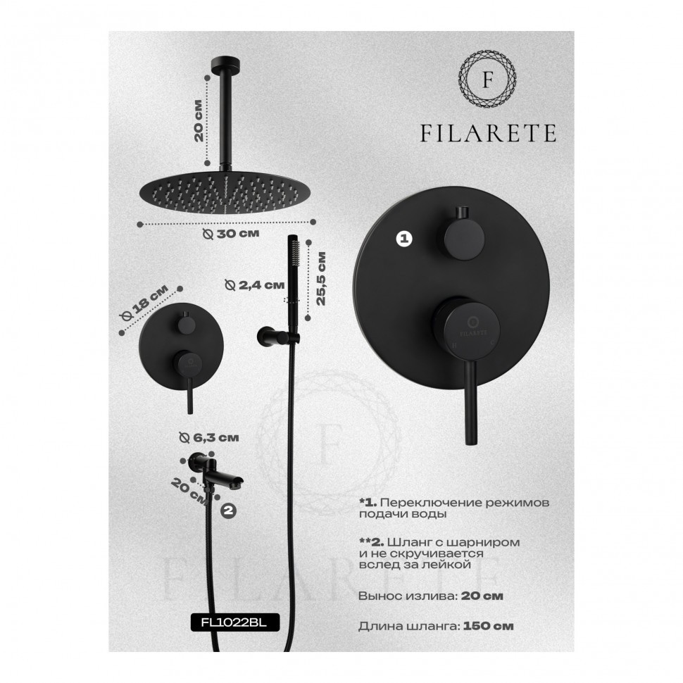 Душевая система скрытого монтажа FILARETE Roun FL1022, черный матовый