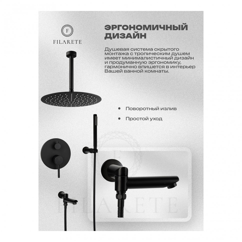 Душевая система скрытого монтажа FILARETE Roun FL1022, черный матовый