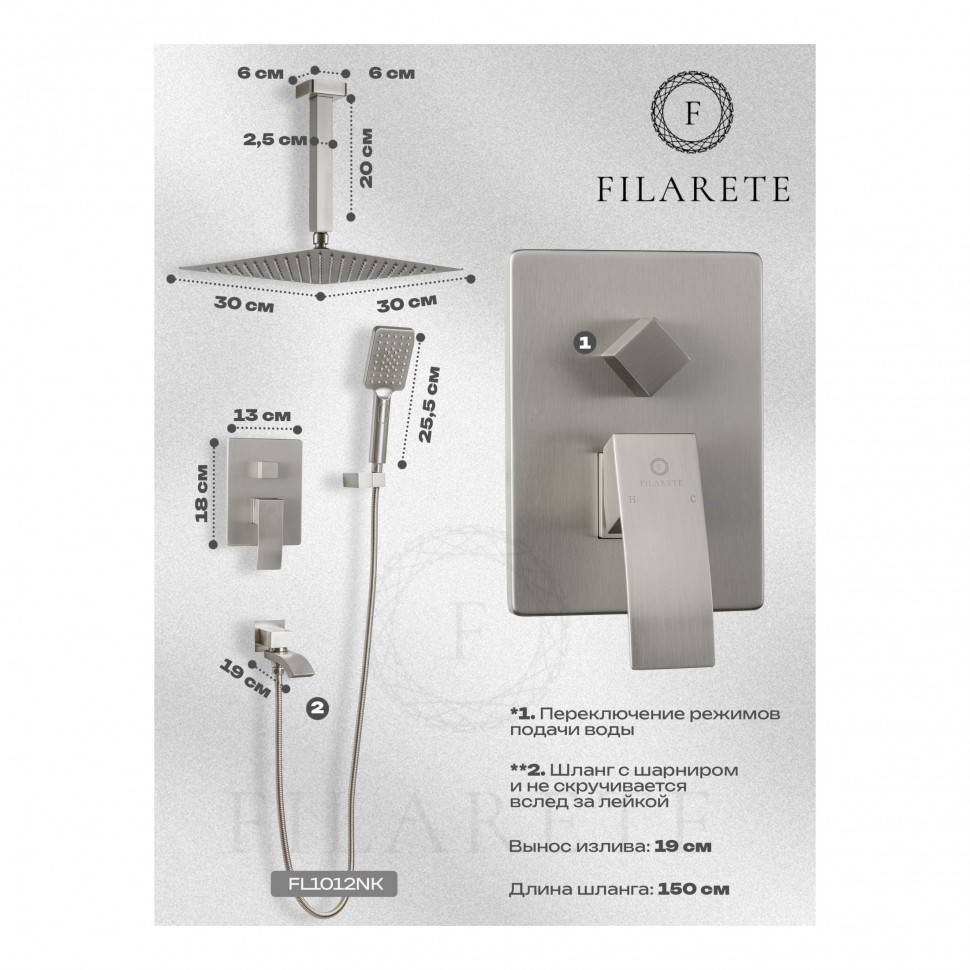Душевая система скрытого монтажа FILARETE Waterfall FL1012, никель