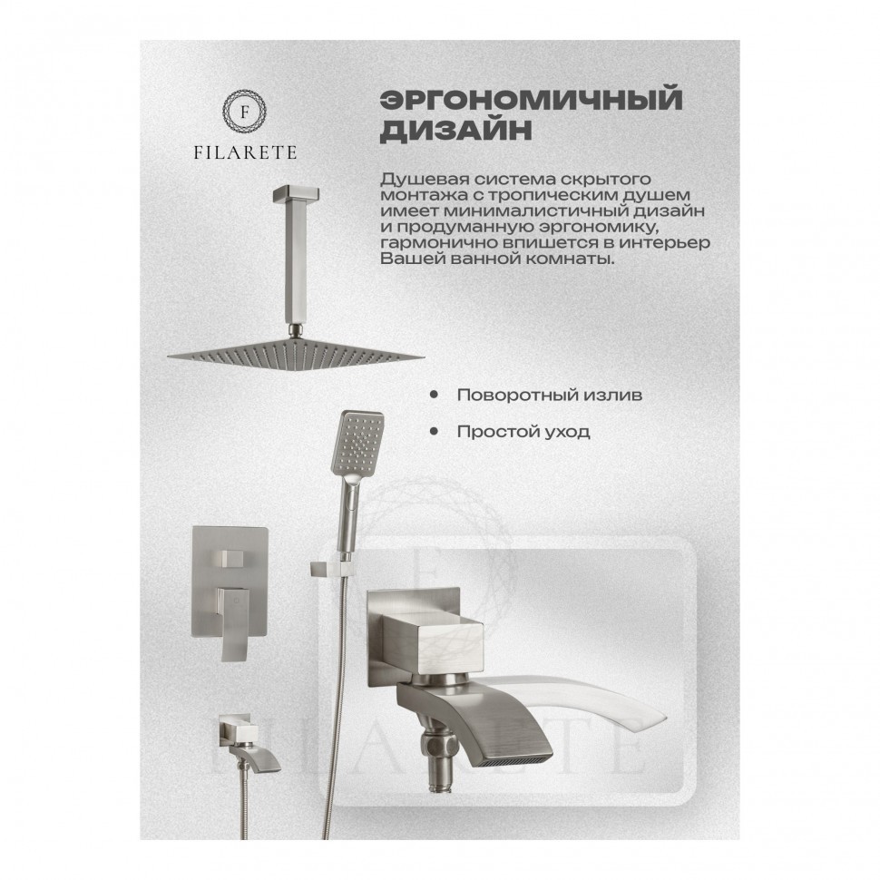 Душевая система скрытого монтажа FILARETE Waterfall FL1012, никель