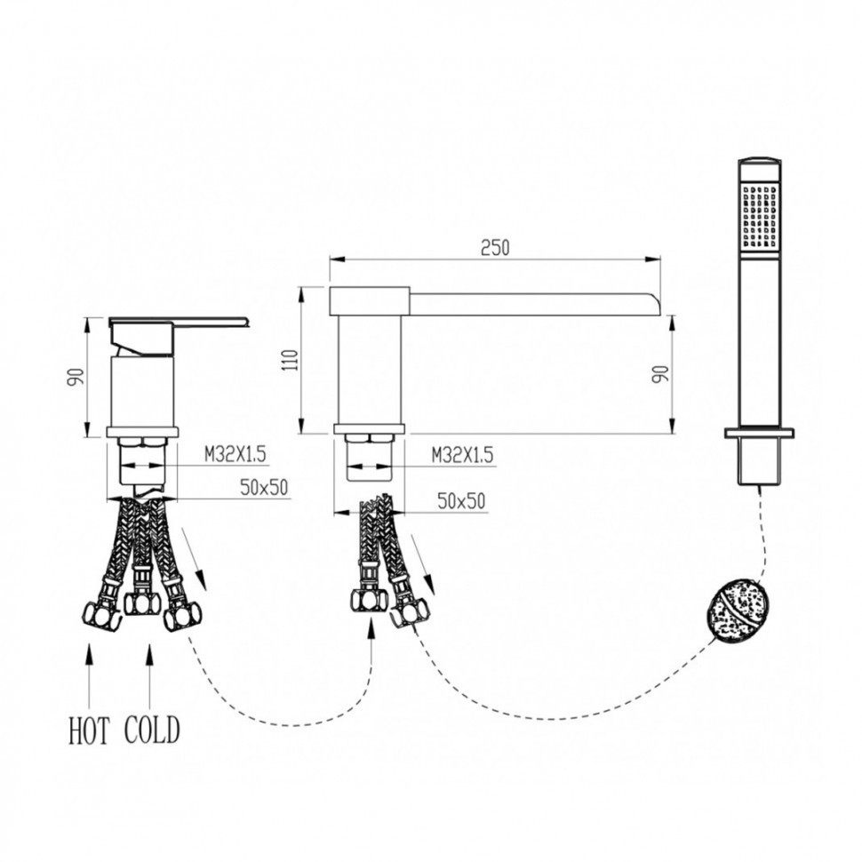 Смеситель на борт ванны Grocenberg GB6008-2, черный матовый