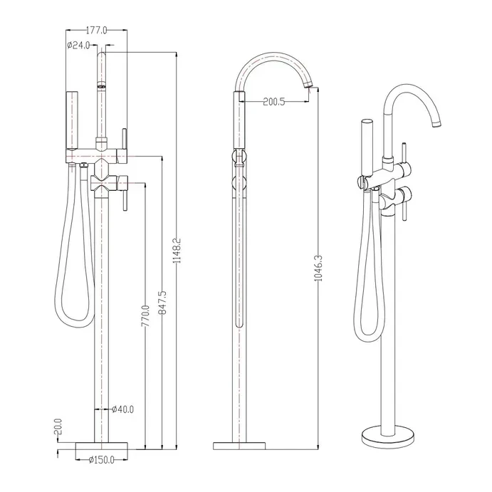 Смеситель напольный для ванны Grocenberg GB900, графит