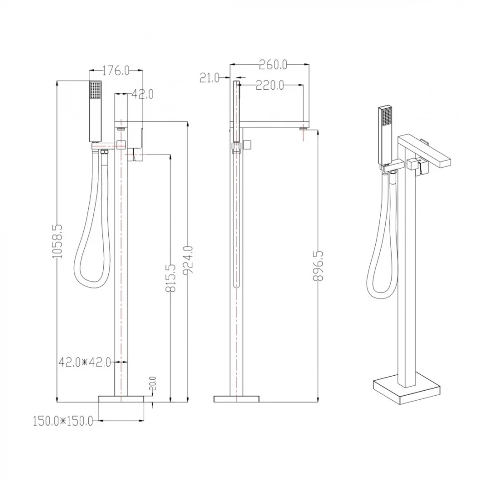 Смеситель напольный для ванны Grocenberg GB800, золото глянец